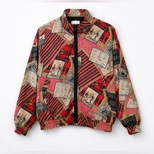 Vintage Bogari Silk Bomber Jacket Women M Multicolor Zip Front Graphic